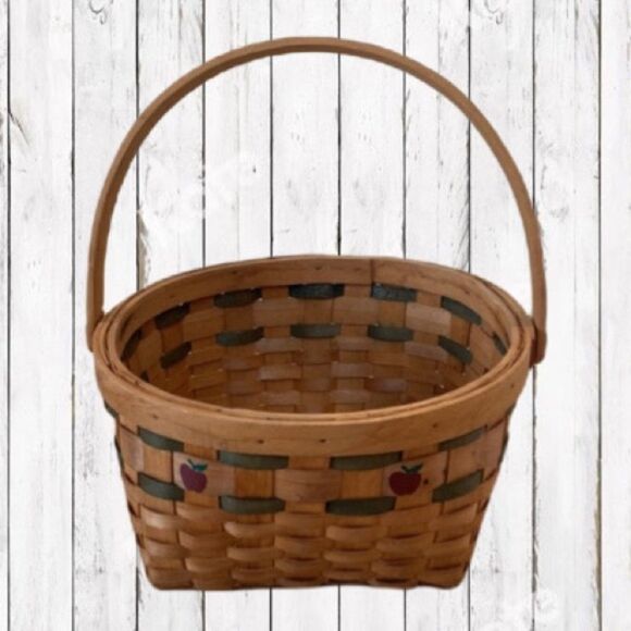 Vintage Basket Woven Wood Slat Hinged Handle Apple Design Green Accent 8.5x10” - Picture 16 of 16